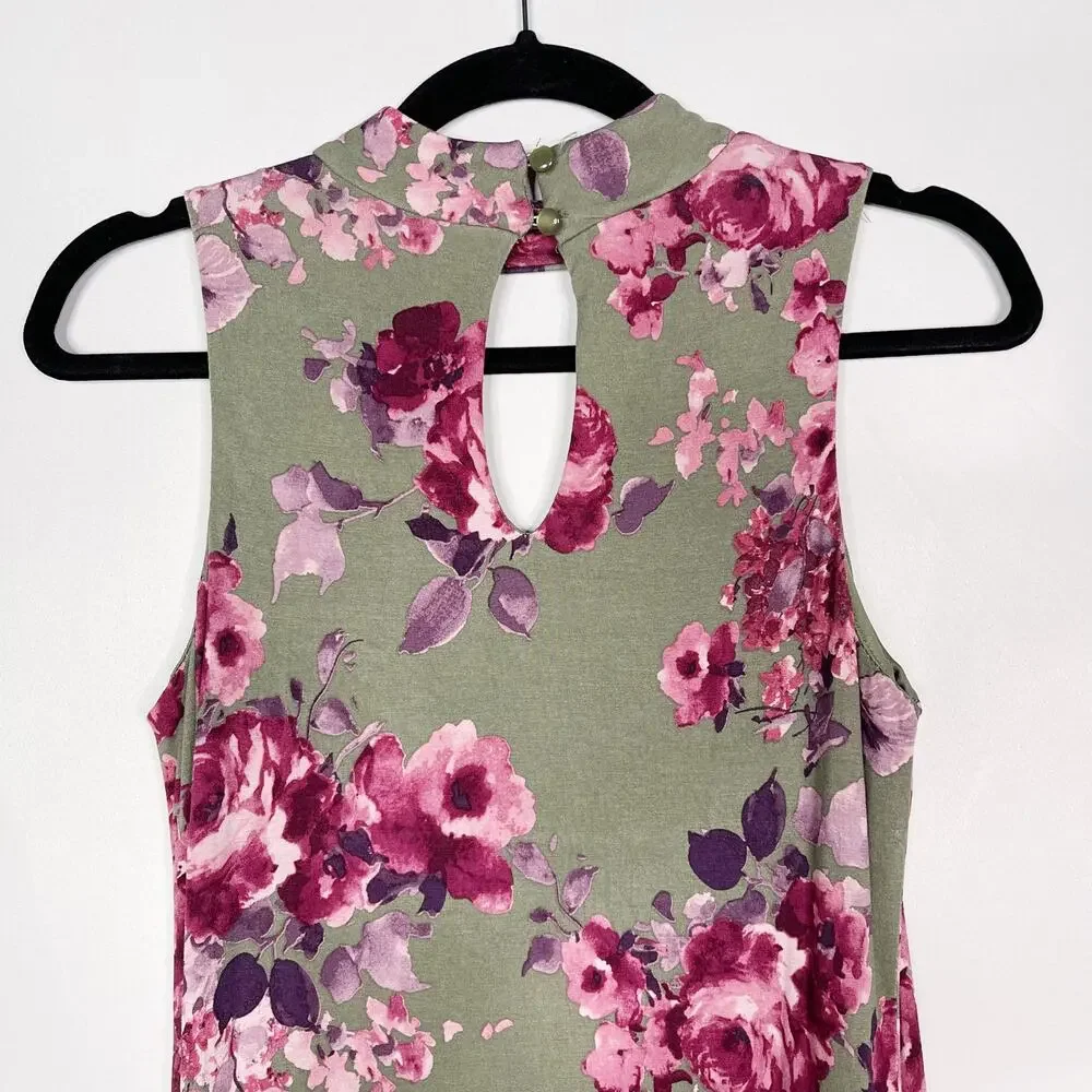 Francescas Alya XS Sage Green Pink Red Floral Keyhole Knit Dress Summer ALine